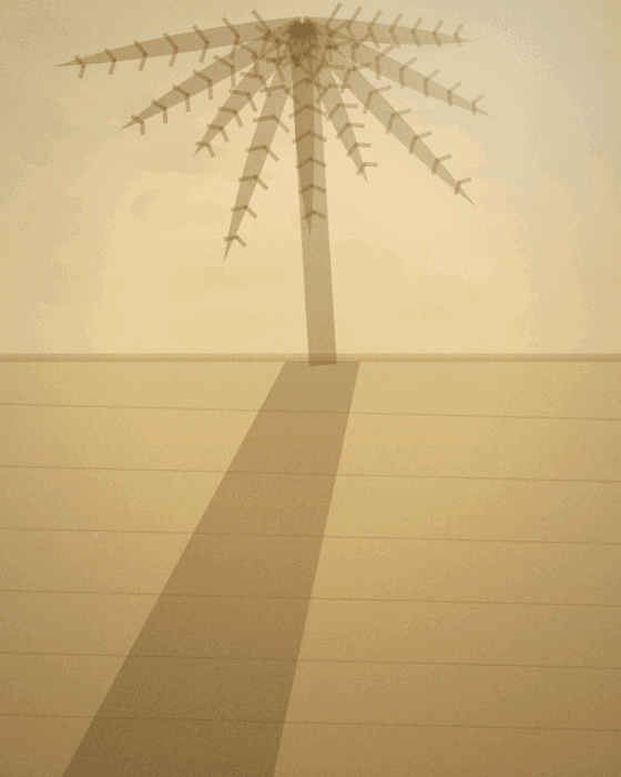 The shadow of a palm tree across the courtyard